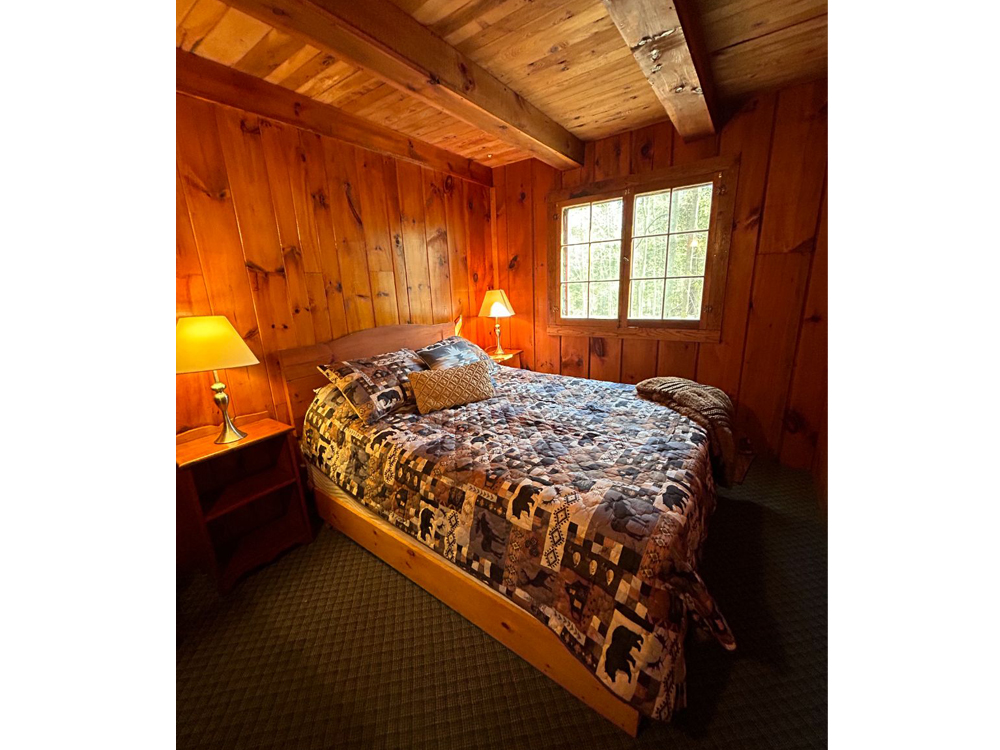 Porter's Cottages bedroom with bear bedspread and window